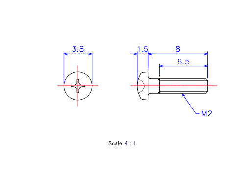 Drawing of Pan head ceramic screw M2x8L Metric.