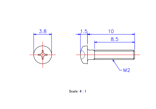 Drawing of Pan head ceramic screw M2x10L Metric.