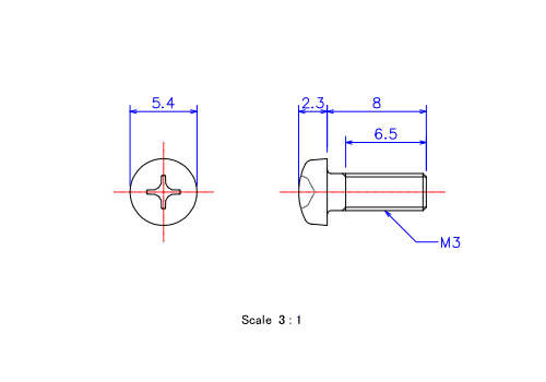 Drawing of Pan head ceramic screw M3x8L Metric.
