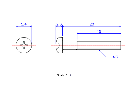 Drawing of Pan head ceramic screw M3x20L Metric.
