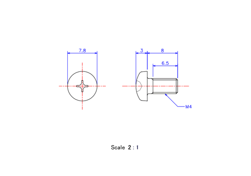 Drawing of Pan head ceramic screw M4x8L Metric.