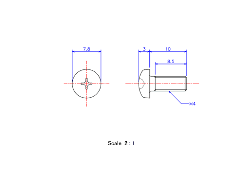 Drawing of Pan head ceramic screw M4x10L Metric.