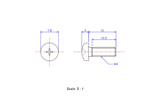 Drawing of Pan head ceramic screw M4x12L Metric.