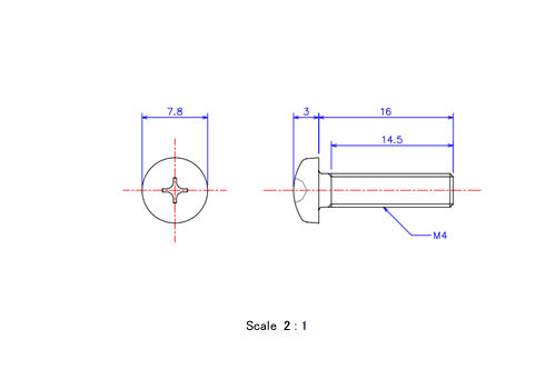 Drawing of Pan head ceramic screw M4x16L Metric.