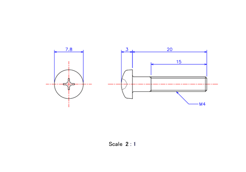 Drawing of Pan head ceramic screw M4x20L Metric.