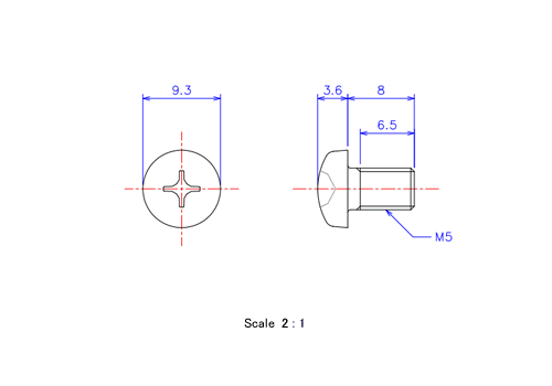 Drawing of Pan head ceramic screw M5x8L Metric.