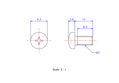 Drawing of Pan head ceramic screw M5x10L Metric.