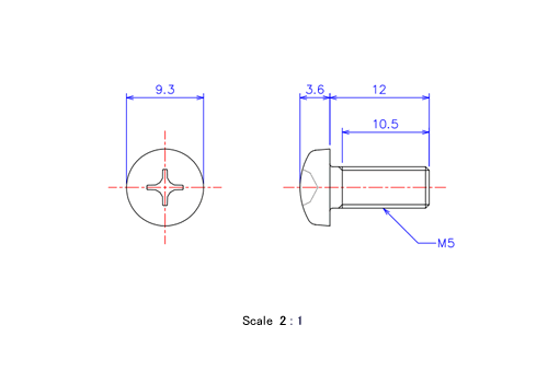 Drawing of Pan head ceramic screw M5x12L Metric.