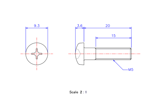 Drawing of Pan head ceramic screw M5x20L Metric.