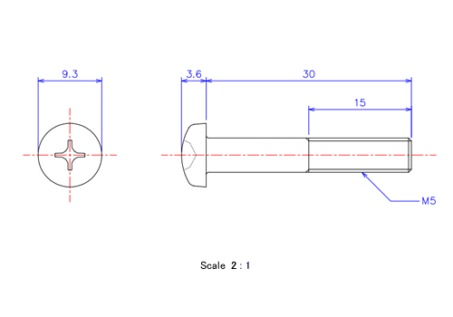 Drawing of Pan head ceramic screw M5x30L Metric.