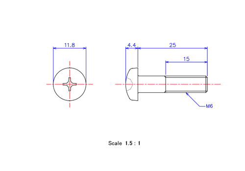Drawing of Pan head ceramic screw M6x25L Metric.