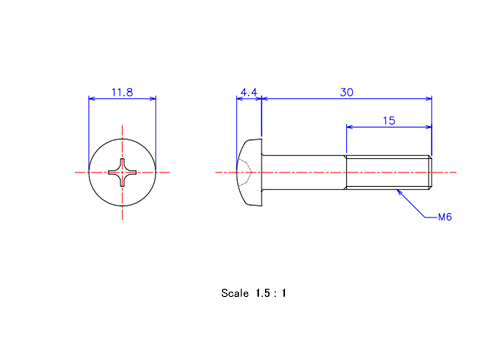 Drawing of Pan head ceramic screw M6x30L Metric.