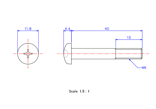 Drawing of Pan head ceramic screw M6x40L Metric.