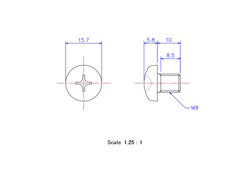 Drawing of Pan head ceramic screw M8x10L Metric.