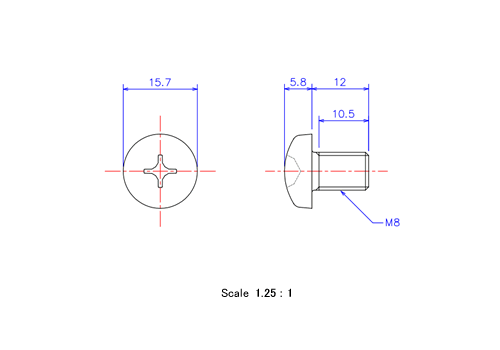 Drawing of Pan head ceramic screw M8x12L Metric.