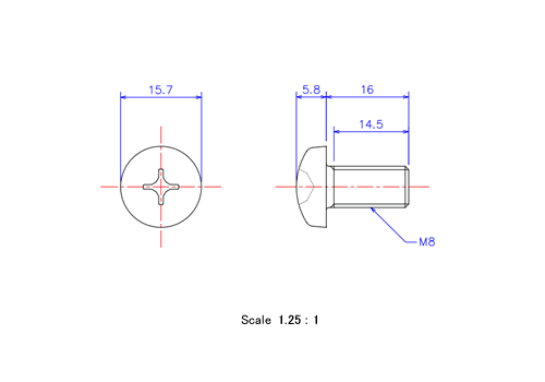 Drawing of Pan head ceramic screw M8x16L Metric.