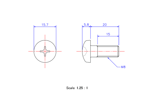 Drawing of Pan head ceramic screw M8x20L Metric.