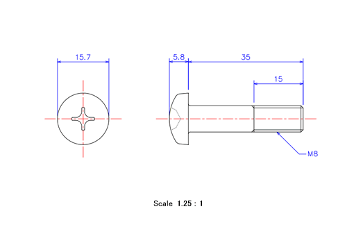 Drawing of Pan head ceramic screw M8x35L Metric.