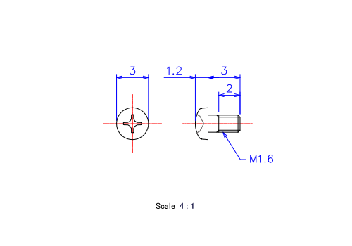 Drawing of Pan head ceramic screw M1.6x3L Metric.
