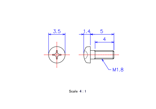 Drawing of Pan head ceramic screw M1.8x5L Metric.