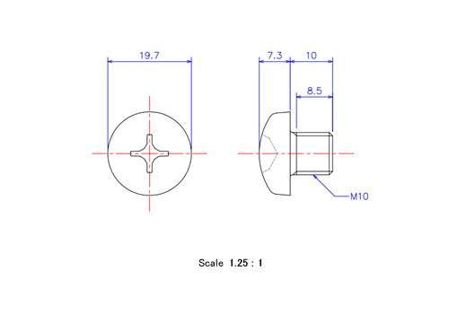 Drawing of Pan head ceramic screw M10x10L Metric.