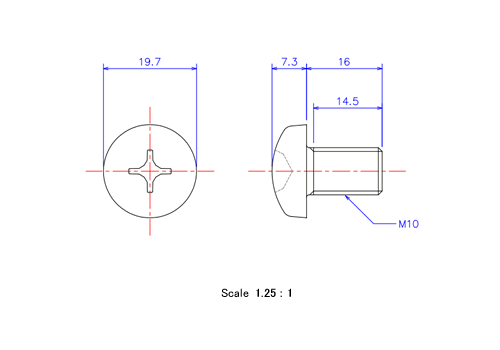 Drawing of Pan head ceramic screw M10x16L Metric.