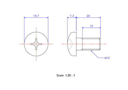 Drawing of Pan head ceramic screw M10x20L Metric.
