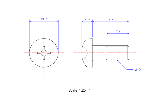 Drawing of Pan head ceramic screw M10x25L Metric.