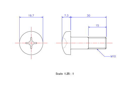 Drawing of Pan head ceramic screw M10x30L Metric.