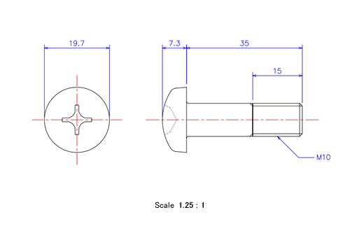Drawing of Pan head ceramic screw M10x35L Metric.