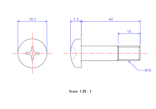 Drawing of Pan head ceramic screw M10x40L Metric.
