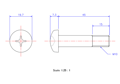 Drawing of Pan head ceramic screw M10x45L Metric.