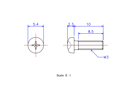 Drawing of Pan head gas hole ceramic screw M3x10L Metric.