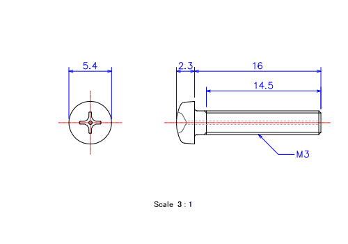 Drawing of Pan head gas hole ceramic screw M3x16L Metric.