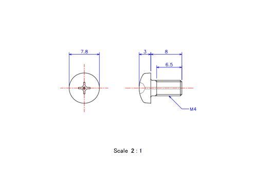 Drawing of Pan head gas hole ceramic screw M4x8L Metric.