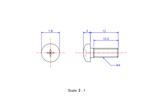 Drawing of Pan head gas hole ceramic screw M4x12L Metric.