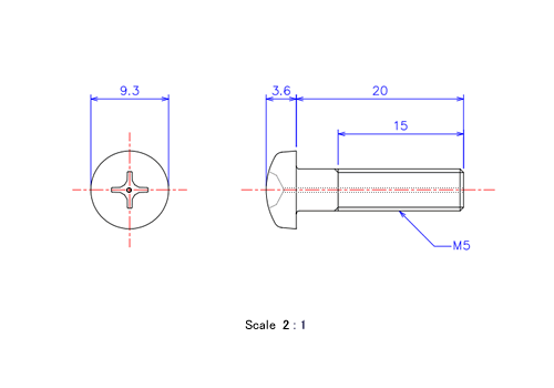 Drawing of Pan head gas hole ceramic screw M5x20L Metric.