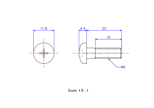 Drawing of Pan head gas hole ceramic screw M6x20L Metric.