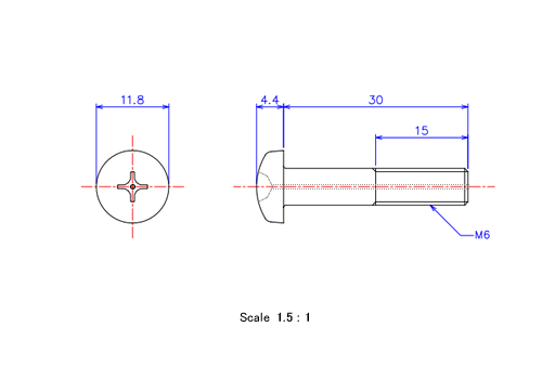 Drawing of Pan head gas hole ceramic screw M6x30L Metric.