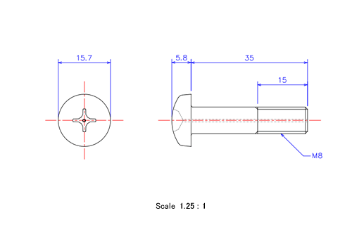 Drawing of Pan head gas hole ceramic screw M8x35L Metric.