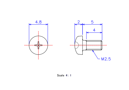 Drawing of Pan head gas hole ceramic screw M2.5x5L Metric.