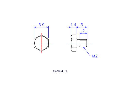 Drawing of Hexagon head ceramic screw (Hexagon bolt) M2x3L Metric.