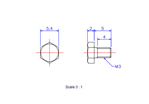 Drawing of Hexagon head ceramic screw (Hexagon bolt) M3x5L Metric.