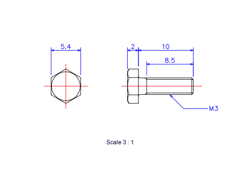 Drawing of Hexagon head ceramic screw (Hexagon bolt) M3x10L Metric.