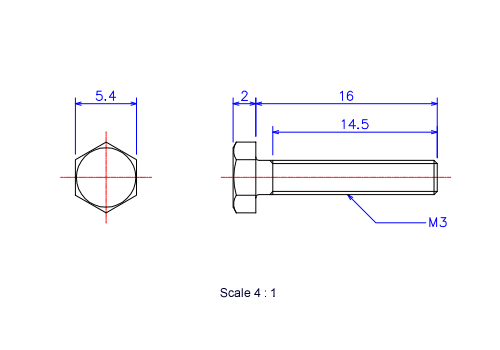 Drawing of Hexagon head ceramic screw (Hexagon bolt) M3x16L Metric.