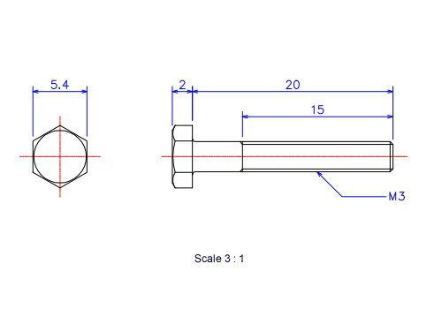 Drawing of Hexagon head ceramic screw (Hexagon bolt) M3x20L Metric.