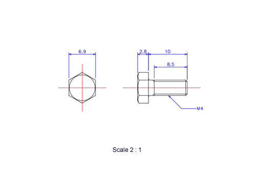 Drawing of Hexagon head ceramic screw (Hexagon bolt) M4x10L Metric.