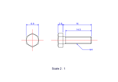 Drawing of Hexagon head ceramic screw (Hexagon bolt) M4x16L Metric.