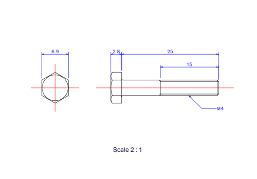 Drawing of Hexagon head ceramic screw (Hexagon bolt) M4x25L Metric.