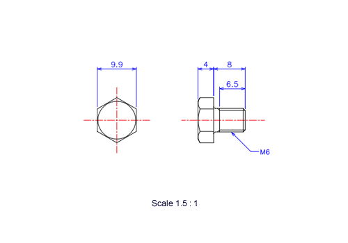 Drawing of Hexagon head ceramic screw (Hexagon bolt) M6x8L Metric.